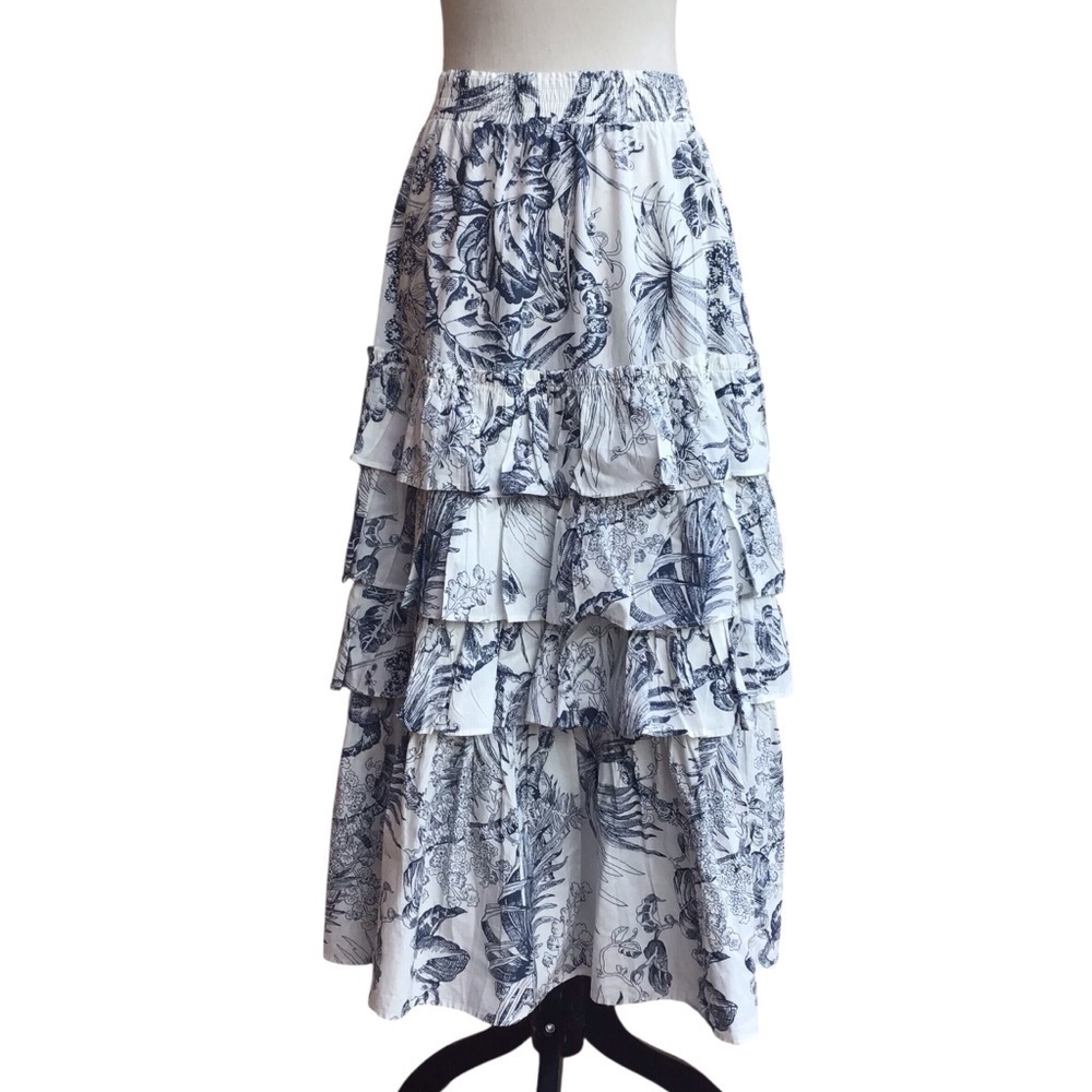 Love The Label Blue White Floral Tropical Ruffled Maxi Skirt NEW